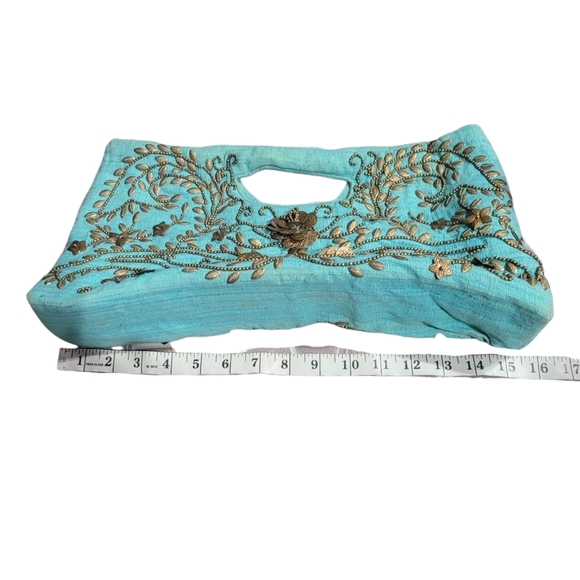 Moyna Beaded Textile Purse Handbag, Teal, Gold Beads - Picture 10 of 12